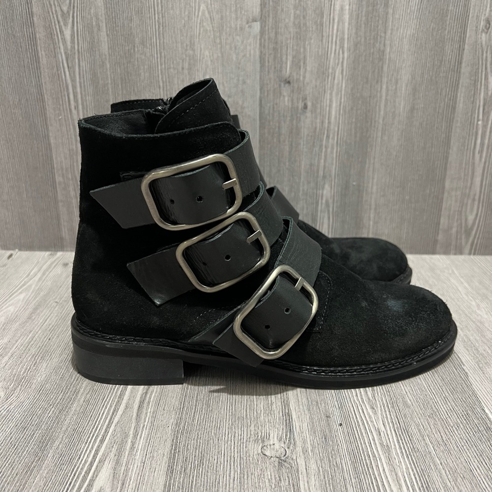 Freebird Black Suede Triple Buckle Moto Ankle Boots Womens 38 7.5 US Leather Zip
